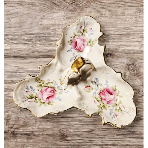 Incolay Dresden Rose Bon Bon Tray, Gold Trim - Picture 1 of 3